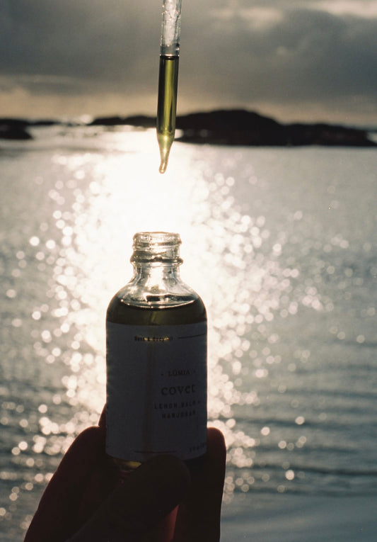 Waterless Skincare, Bath and Body Oil dropper overlooking ocean view